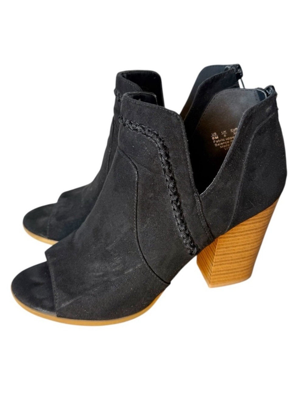 FERGALICIOUS Vittoria Black Suede Peep Toe Booties Block Wood Heel Zipper Sz 8